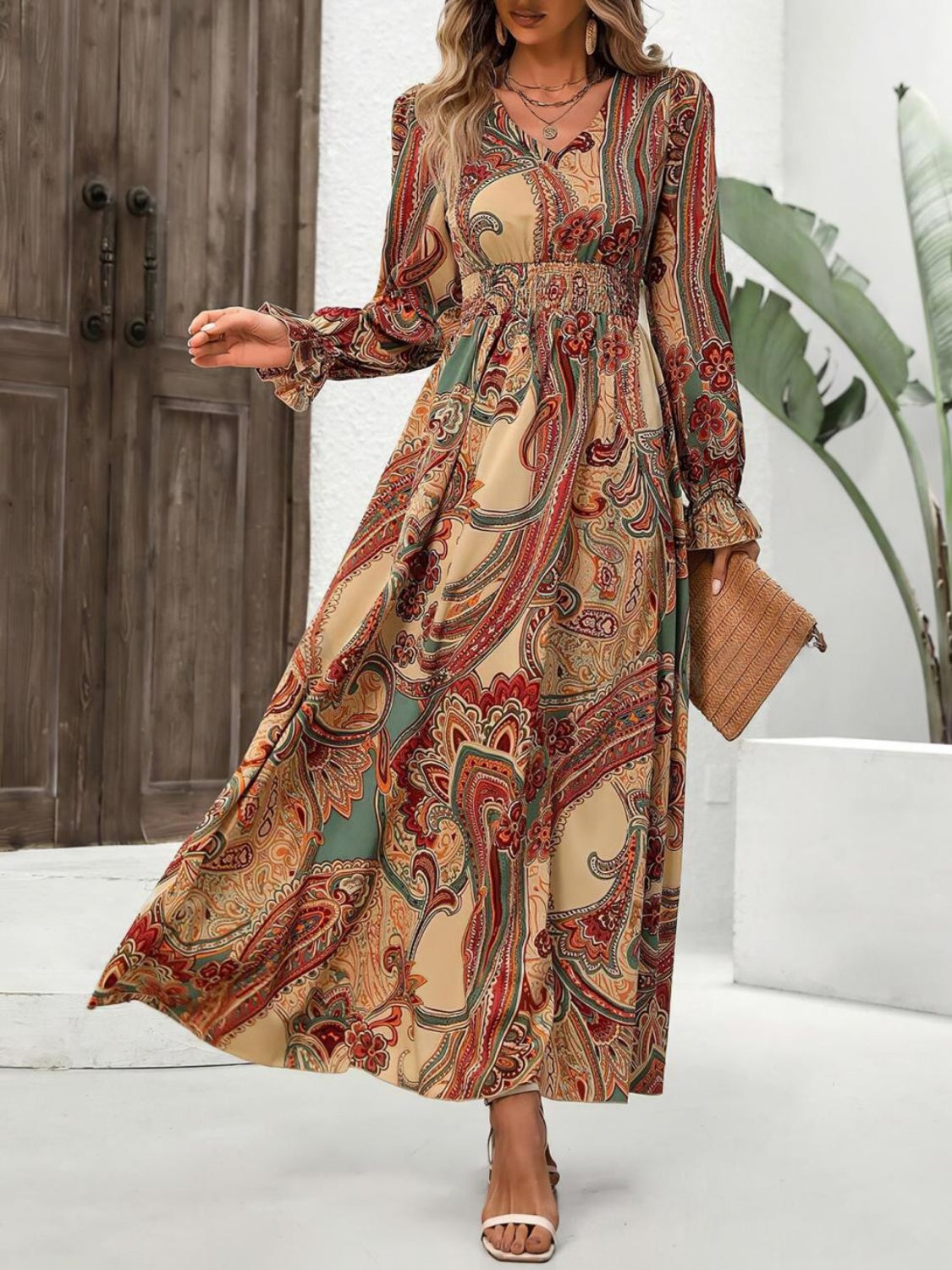 Gianna Smocked Printed V-Neck Flounce Sleeve Dress | 4 Colors