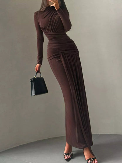 Ruched long-sleeve maxi dress in brown by Pinup Girl Clothing.