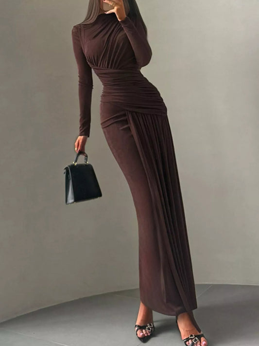 Ruched long-sleeve maxi dress in brown by Pinup Girl Clothing.