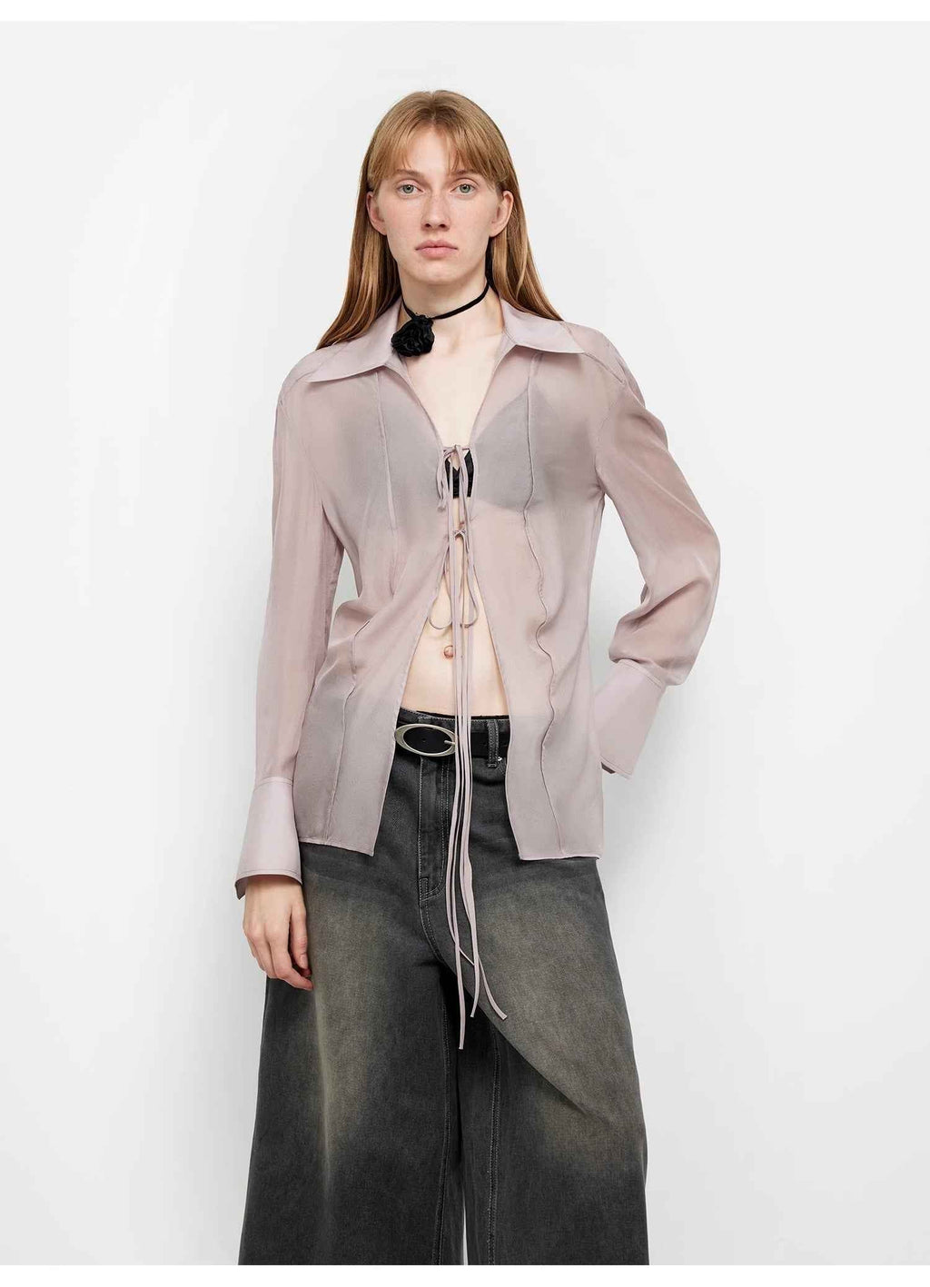 Hazy Moonlight Silk Chiffon Tie-Front Blouse | 2 Colors