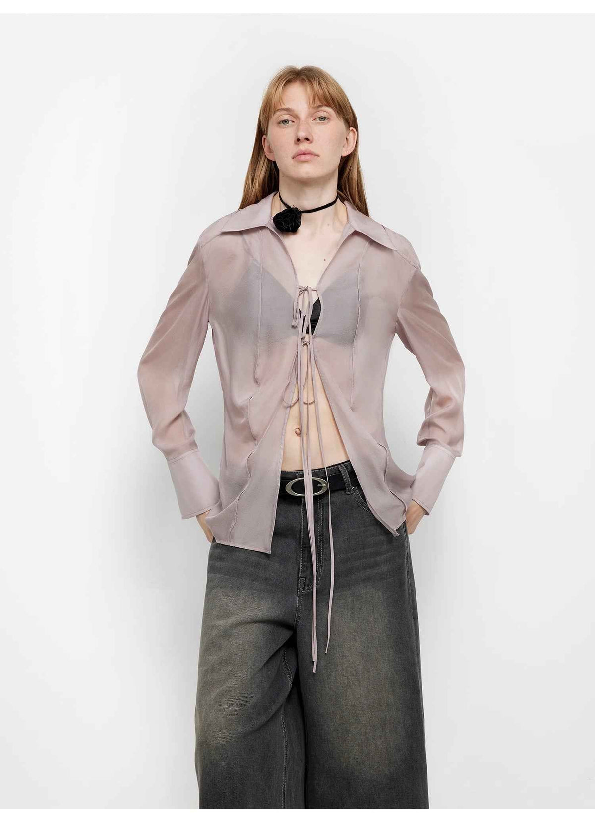 Hazy Moonlight Silk Chiffon Tie-Front Blouse | 2 Colors