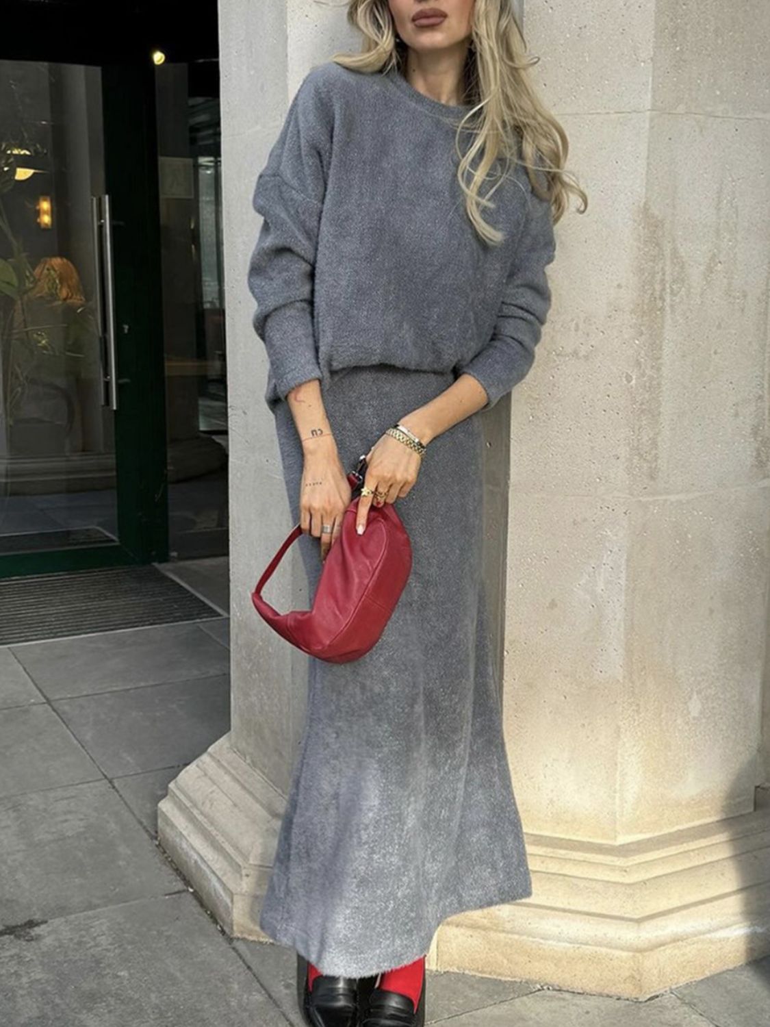 Mia Round Neck Dropped Shoulder Top and Midi Skirt Knit Set | 5 Colors