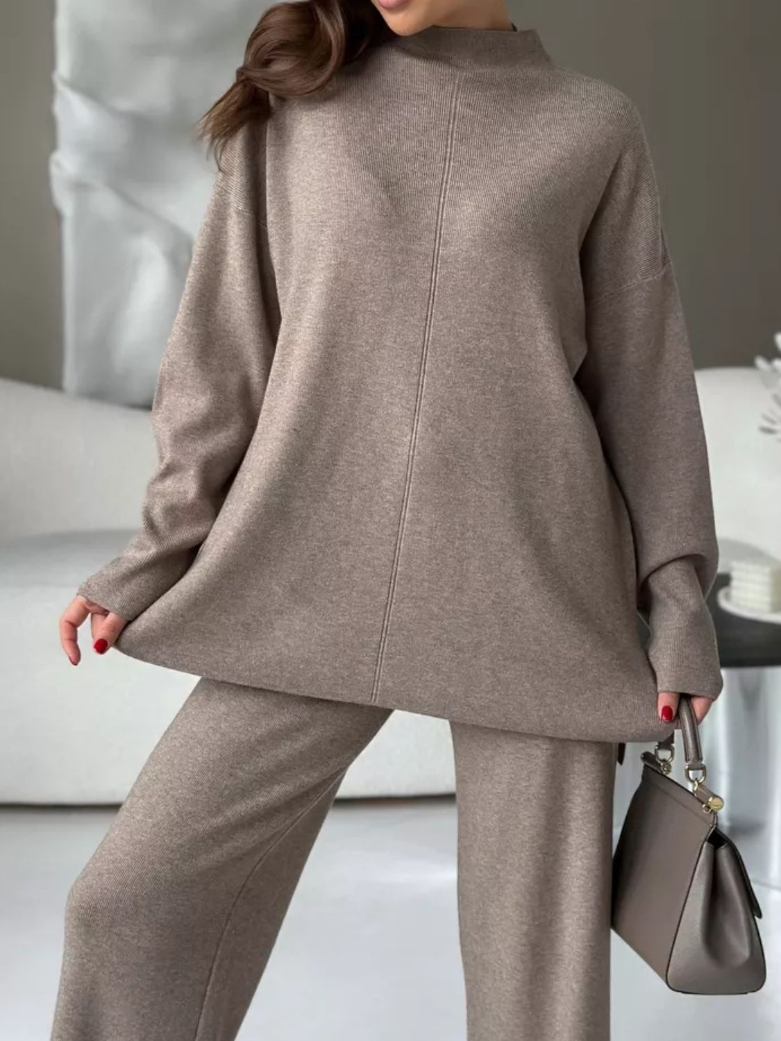 Gabriella Slit Mock Neck Top and Pants Sweater Set | 4 Colors