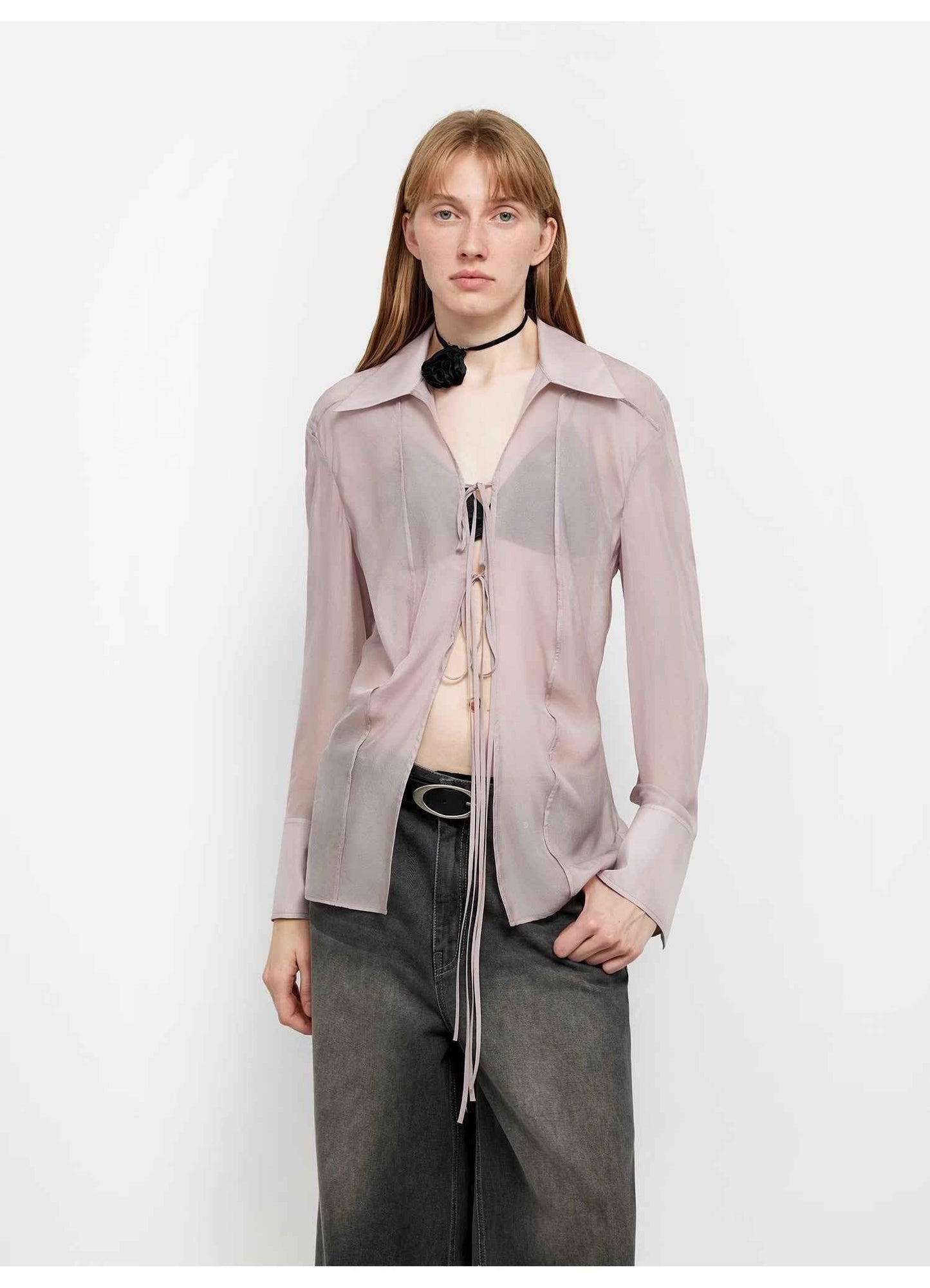 Hazy Moonlight Silk Chiffon Tie-Front Blouse | 2 Colors