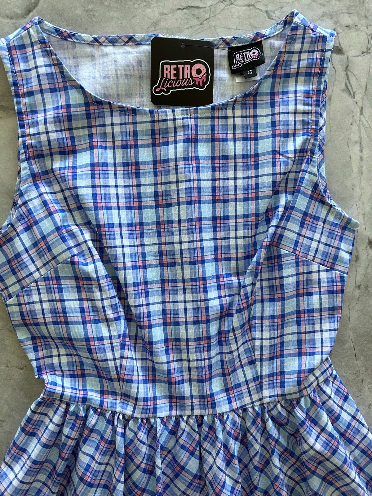 High-neck plaid swing midi dress, another view, by Pinup Girl Clothing