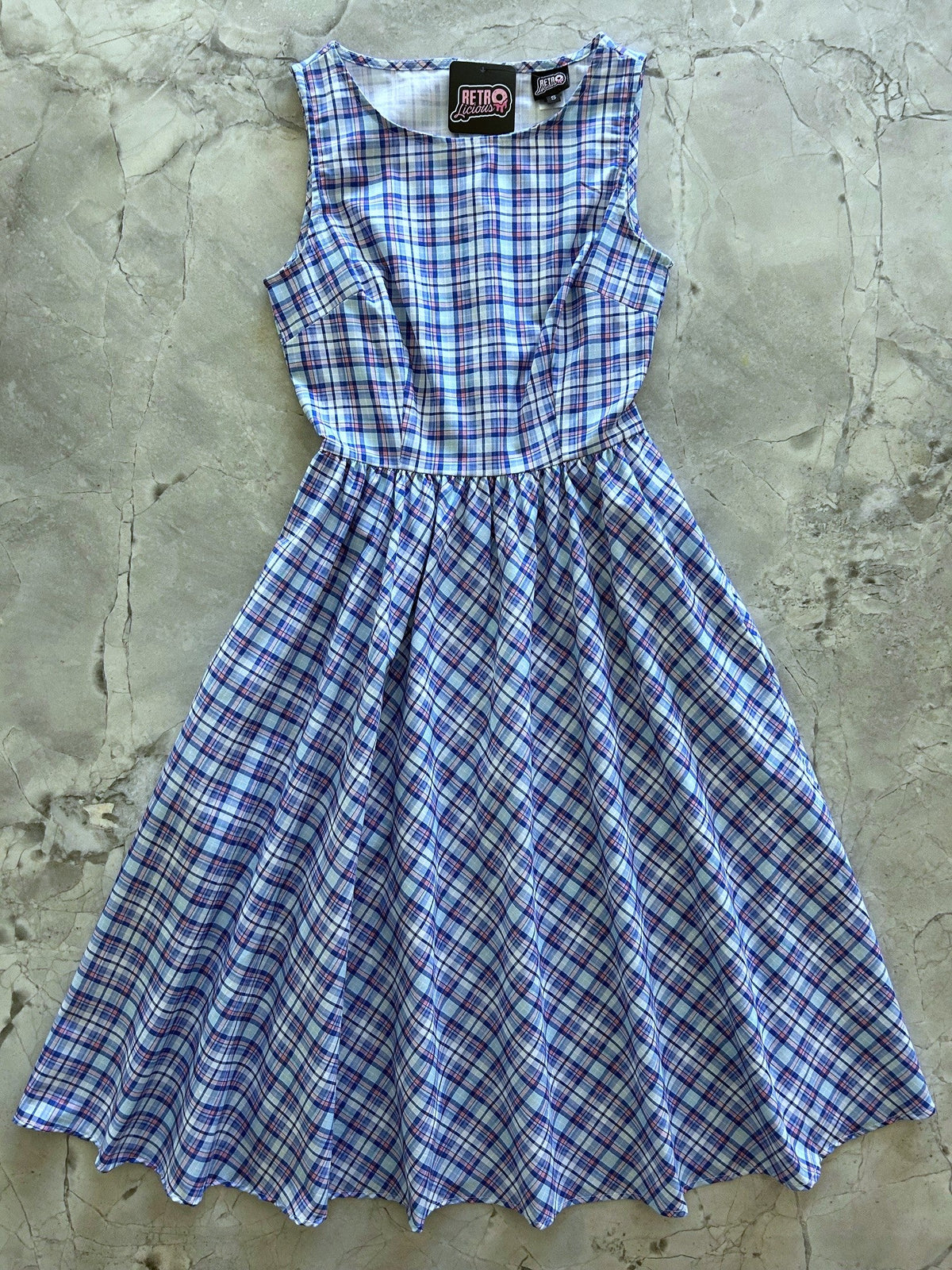 High-neck plaid swing midi dress with pockets by Pinup Girl Clothing