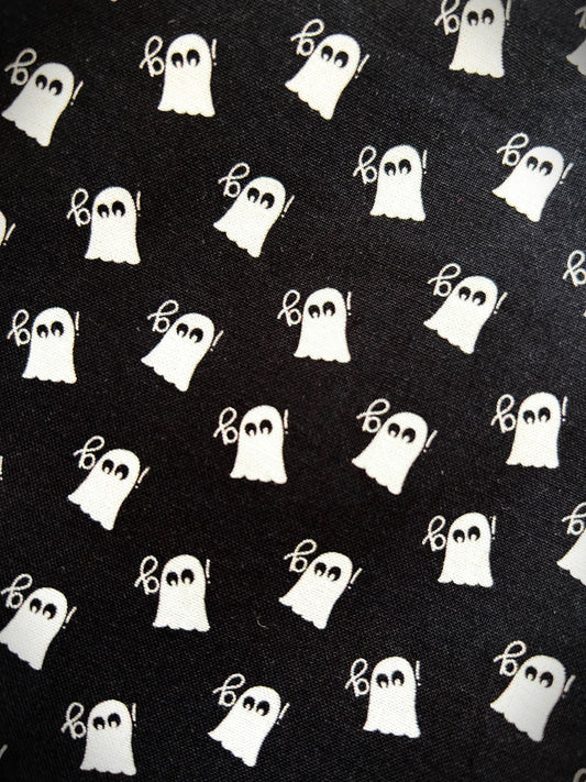 Close up of the white ghost print on the black cotton Mini Ghosts skater skirt