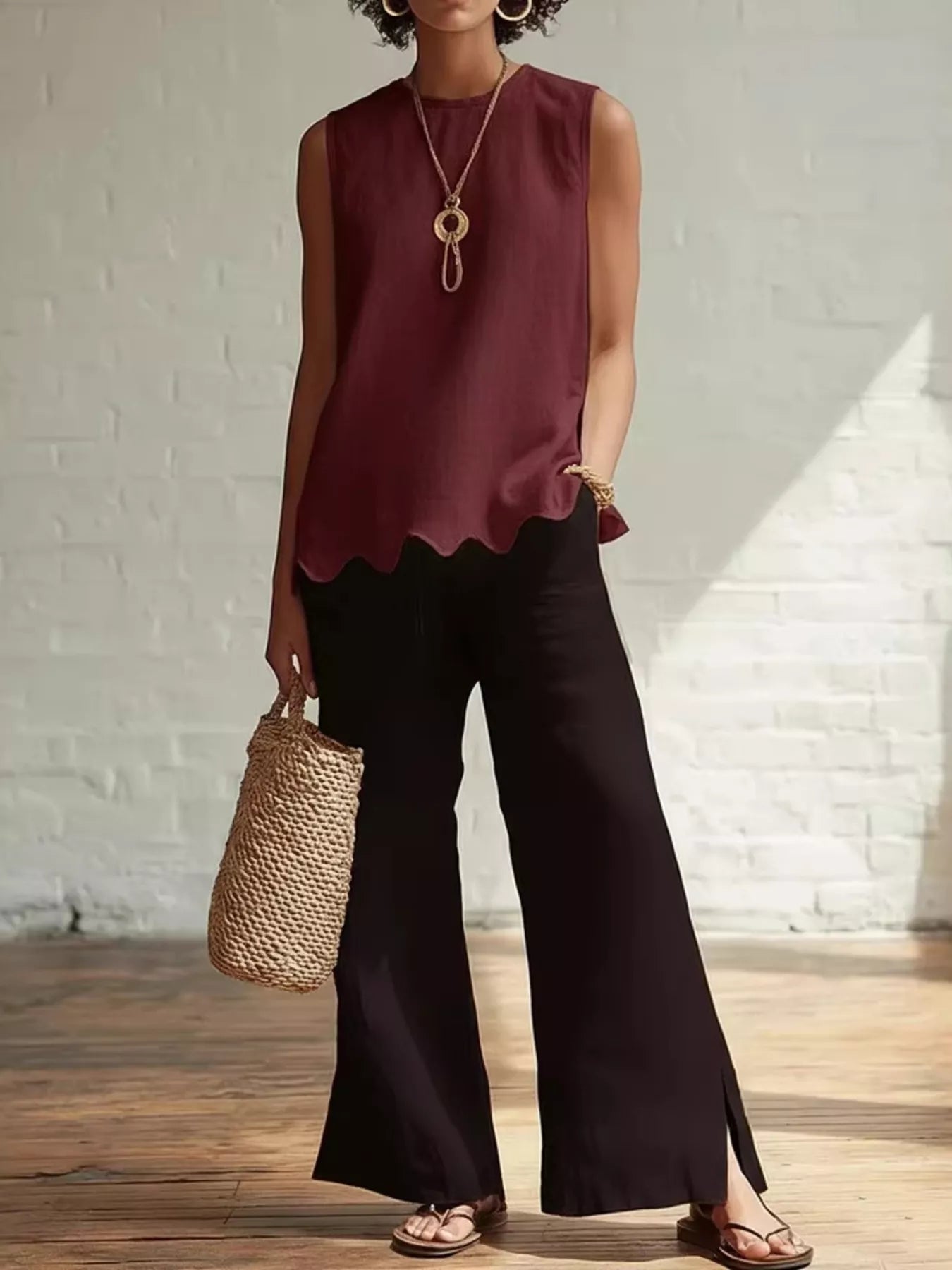 Full length view of the Odile scalloped hem sleeveless blouse, by Pinup Girl Clothing