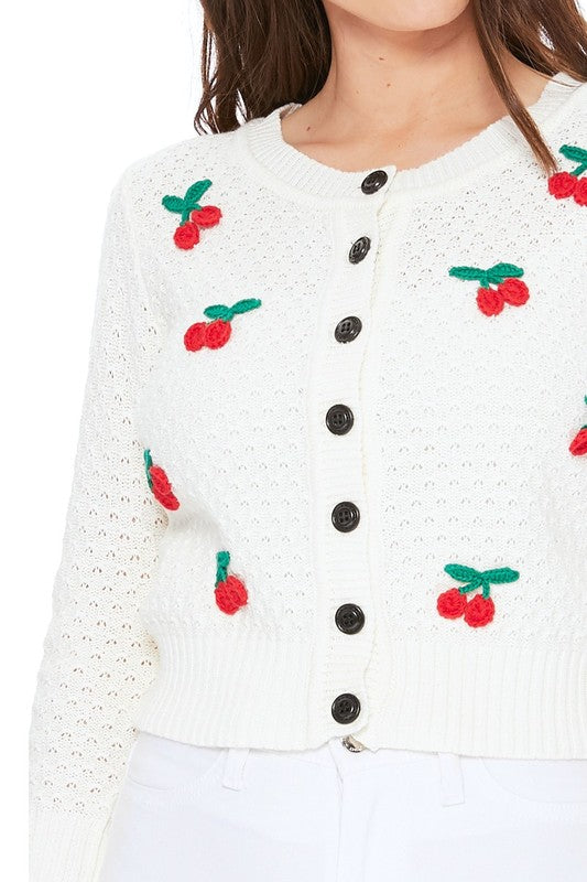 Vintage Cherry Applique Graphic Cropped Cardigan Sweater | 4 Colors | MAK Sweater