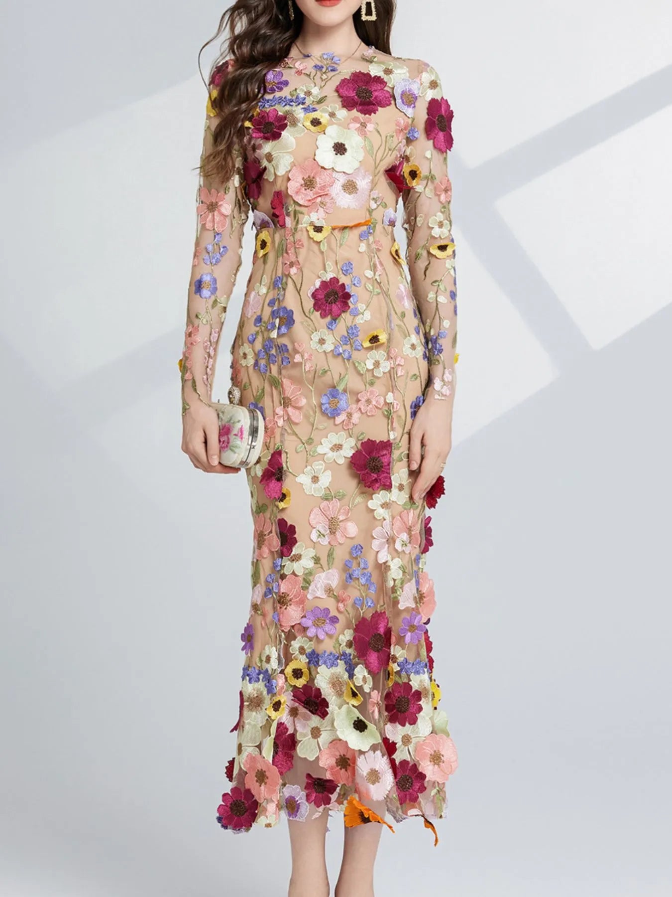 Floral embroidered mesh maxi dress with long sleeves, by Pinup Girl Clothing, sizes XS to 4X.