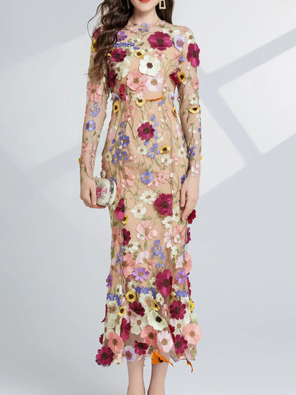 Floral embroidered mesh maxi dress with long sleeves, by Pinup Girl Clothing, sizes XS to 4X.