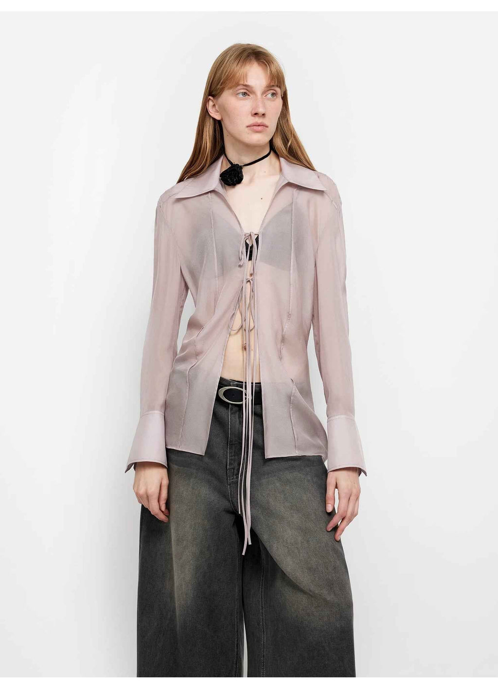 Hazy Moonlight Silk Chiffon Tie-Front Blouse | 2 Colors