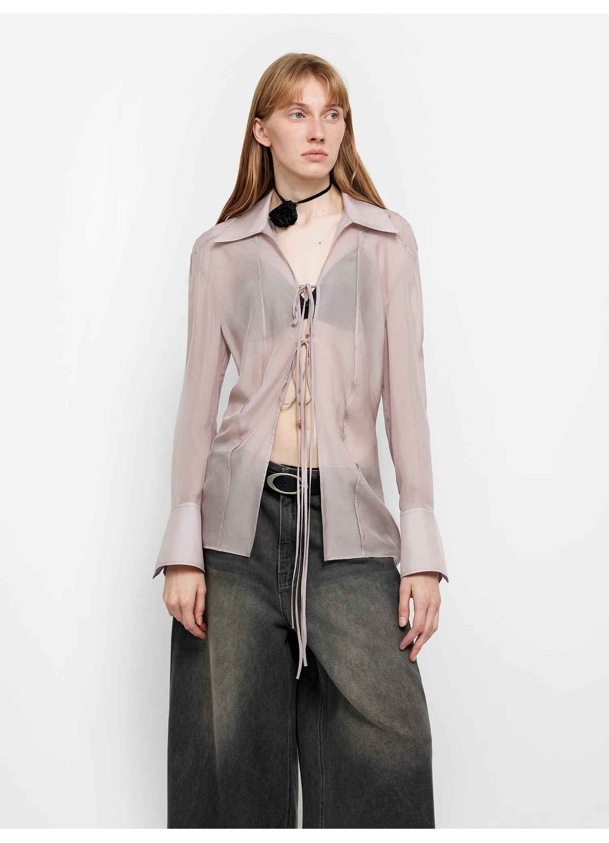 Hazy Moonlight Silk Chiffon Tie-Front Blouse | 2 Colors
