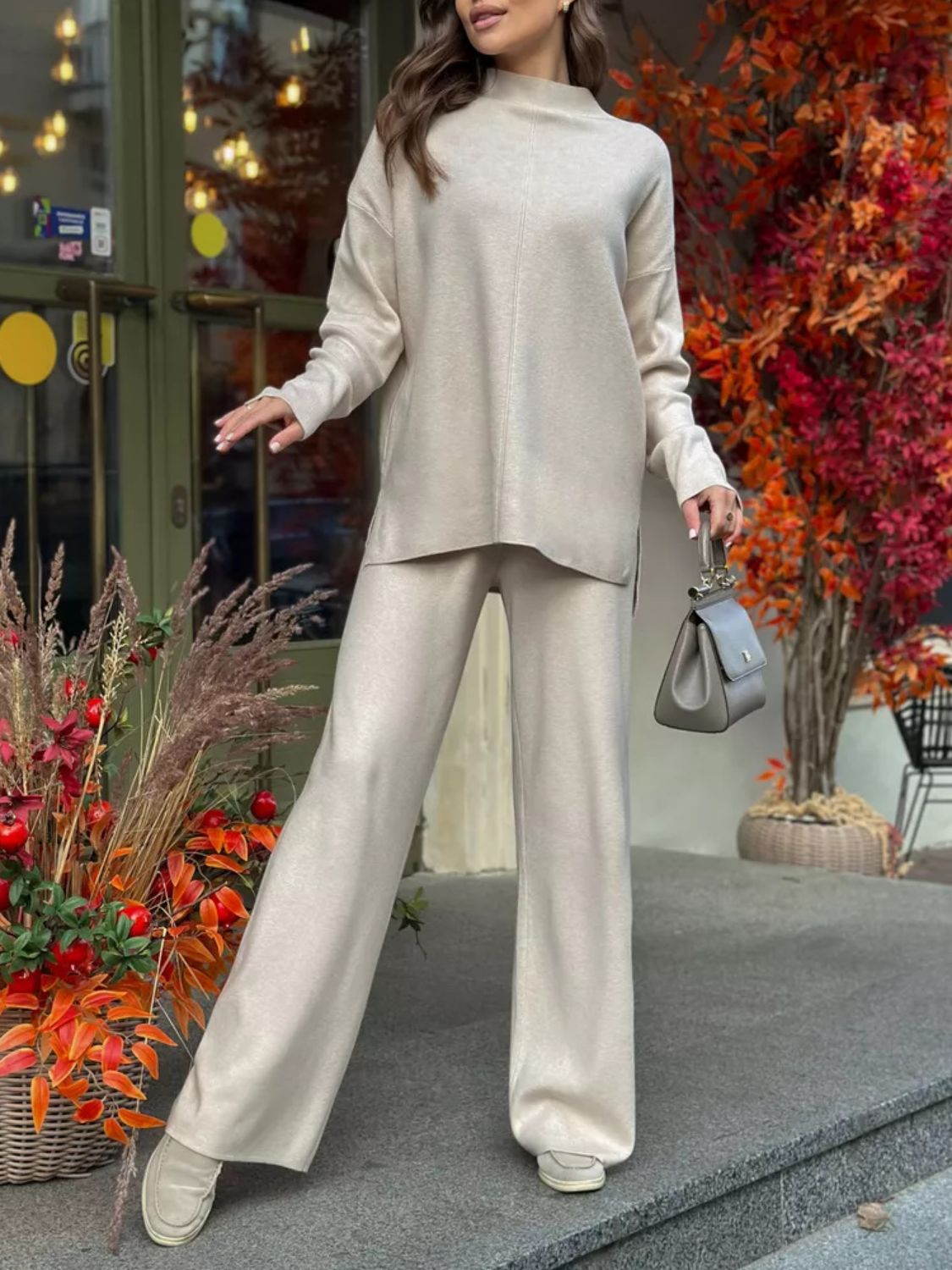 Gabriella Slit Mock Neck Top and Pants Sweater Set | 4 Colors