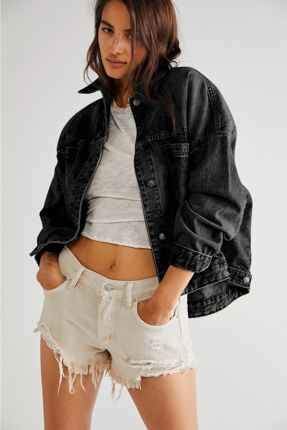Down By The River oversized denim jacket in washed black by Pinup Girl Clothing