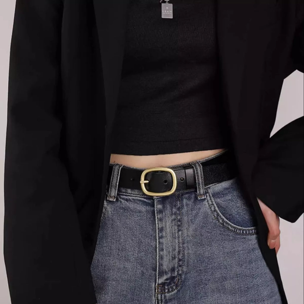 Genuine cowhide leather belt with a gold buckle by Pinup Girl Clothing, one size.