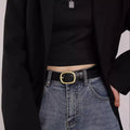 Genuine cowhide leather belt with a gold buckle by Pinup Girl Clothing, one size.