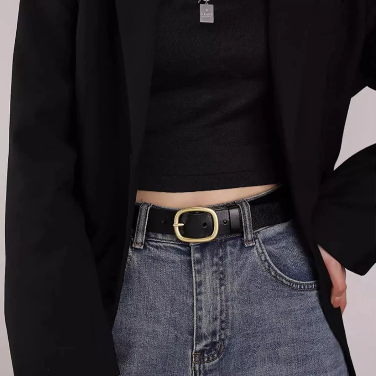 Genuine cowhide leather belt with a gold buckle by Pinup Girl Clothing, one size.