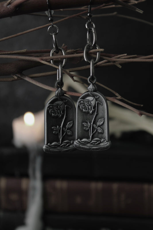 Close-up of the blackened rose pendant on the Dusted Rose earrings, The Pretty Cult