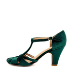 Sergi Velvet T-Strap Heels in green by Pinup Girl Clothing