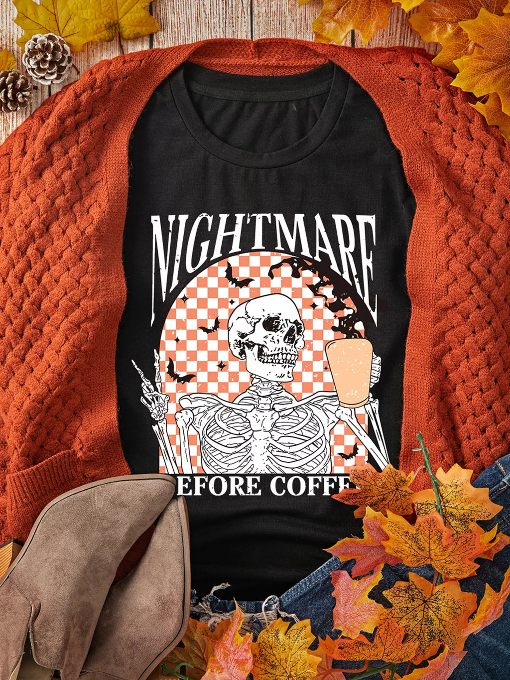 Nightmare Before Coffee black tee, sleeve and hem detail