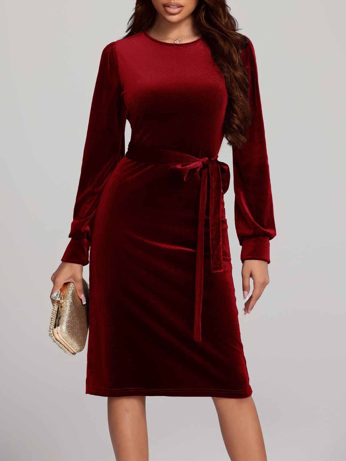 Round Neck Tie Waist Long Sleeve Velvet Dress | 4 Colors | Poundton