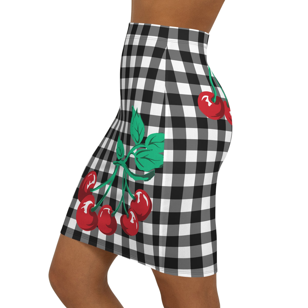 Women's 1990s Fitted Mini Skirt in Black Gingham Vintage Cherries Print