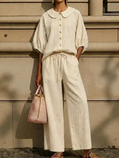 Bettina gingham blouse and wide-leg pants set in khaki brown gingham, by Pinup Girl Clothing