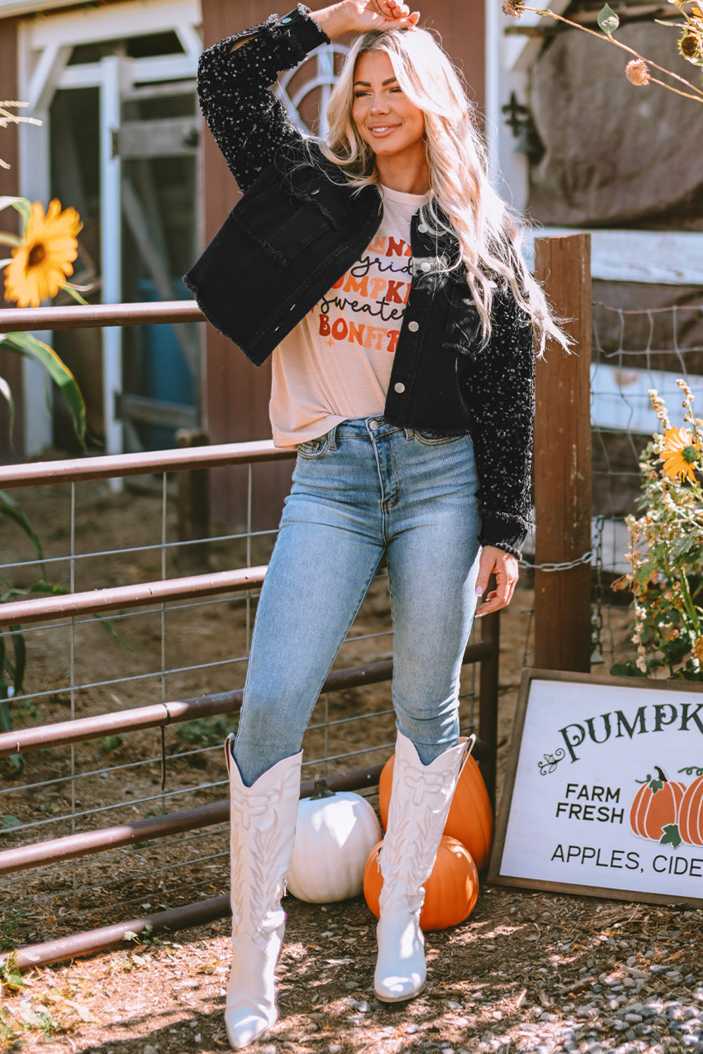 Rare Tour Raw Hem Denim Jacket with Black Sequin Sleeves