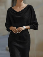 Silver Screen cowl-neck knit midi dress with draped cowl neckline, by Pinup Girl Clothing