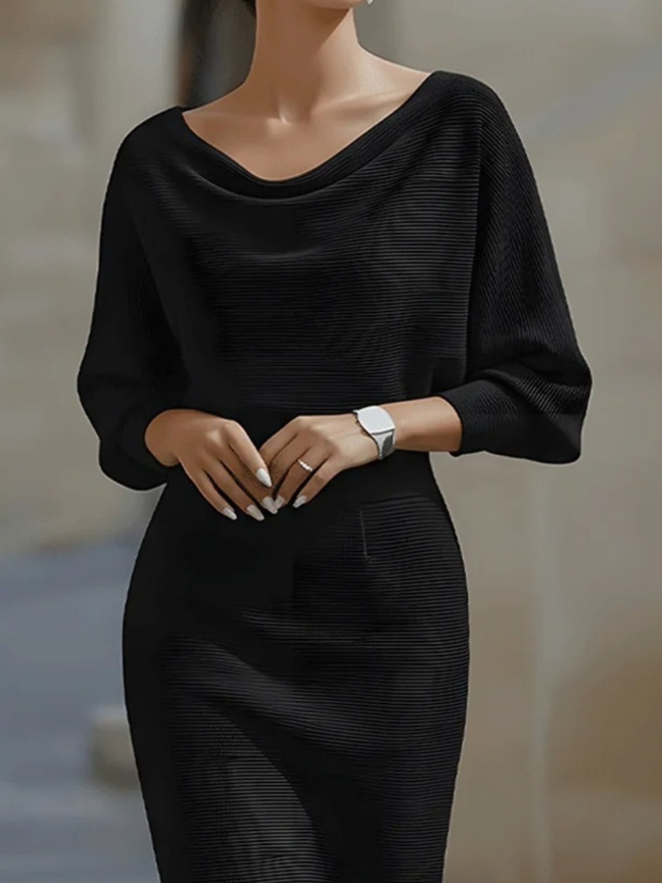 Silver Screen cowl-neck knit midi dress with draped cowl neckline, by Pinup Girl Clothing