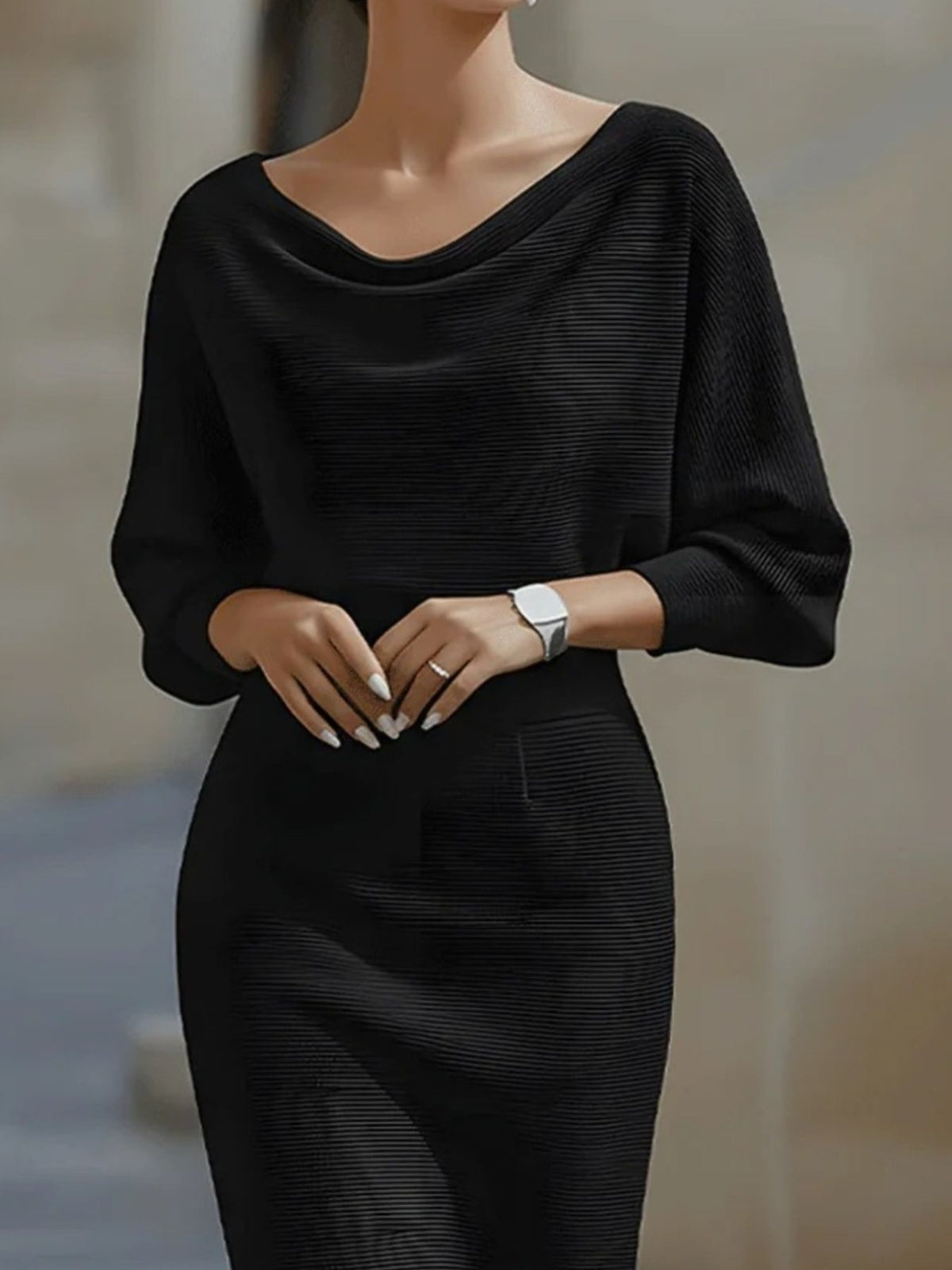 Silver Screen cowl-neck knit midi dress with draped cowl neckline, by Pinup Girl Clothing