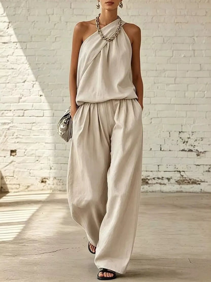 Vivienne Sleeveless Top and Wide-Leg Pants Set in Ivory by Pinup Girl Clothing