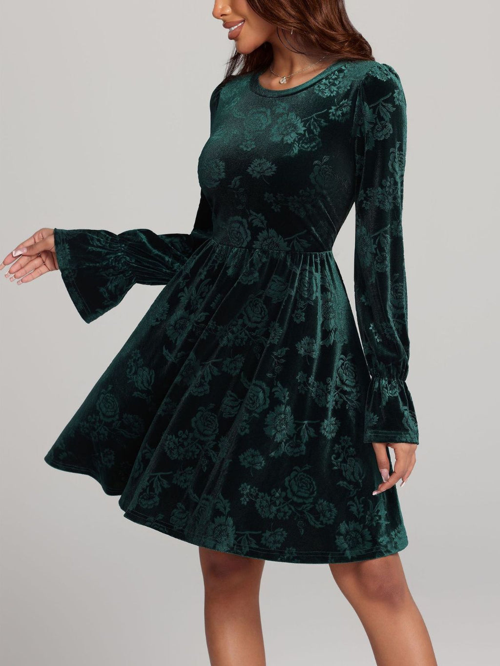 Angela Tied Flower Print Round Neck Flounce Sleeve Dress