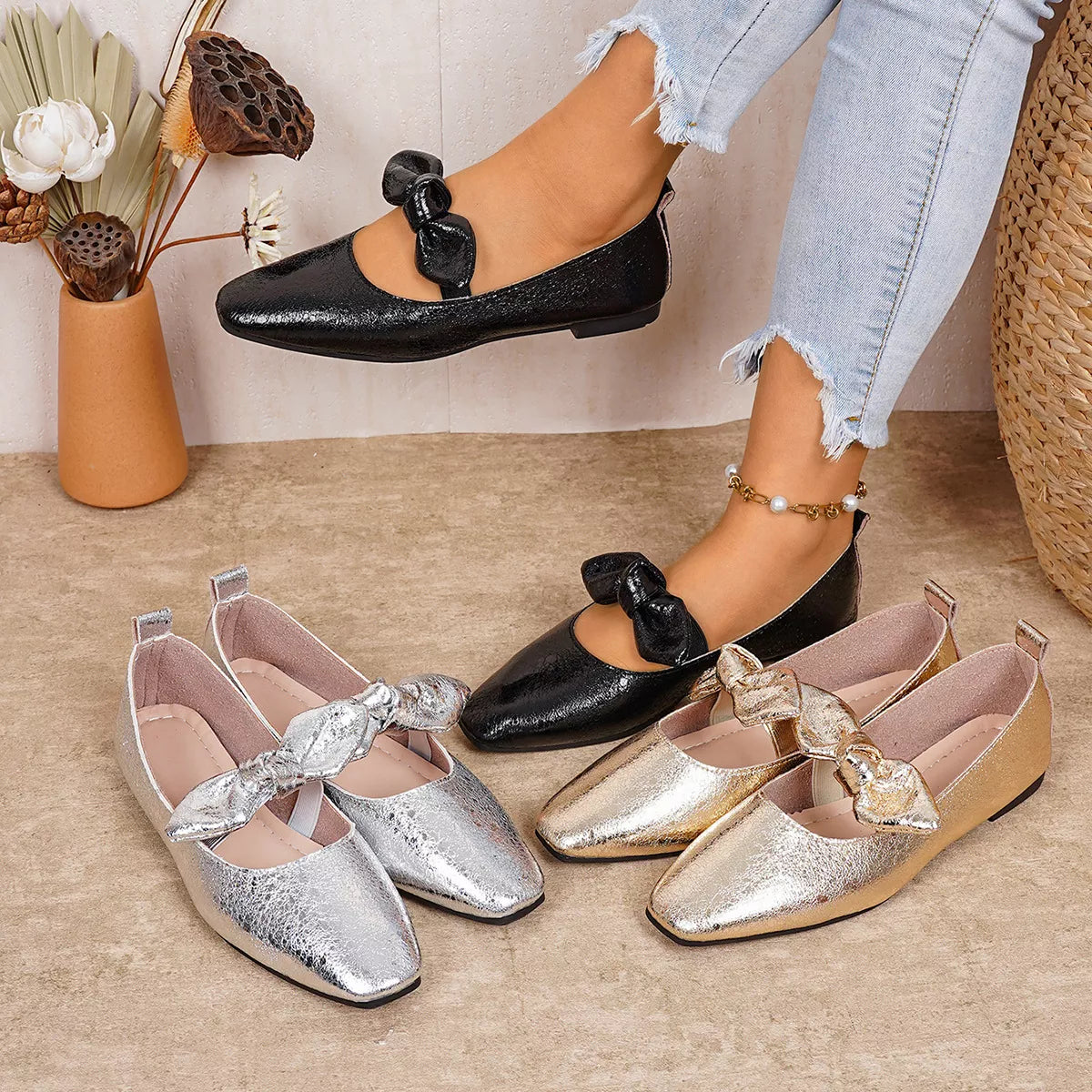 Bow square-toe slip-on flats by Pinup Girl Clothing, in black, gold, or gray, US 4 to 11.