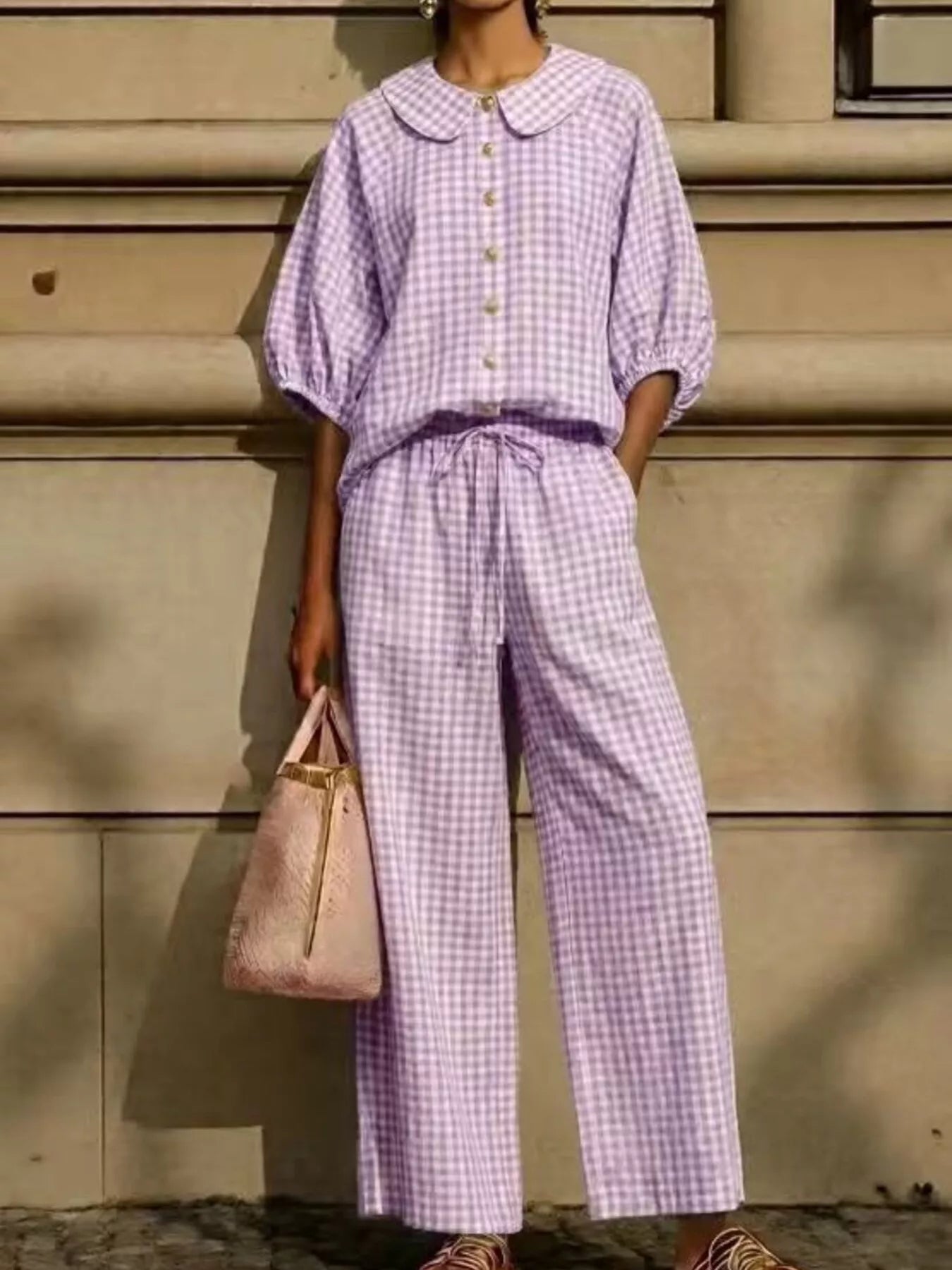 Bettina gingham blouse and wide-leg pants set in purple gingham, by Pinup Girl Clothing