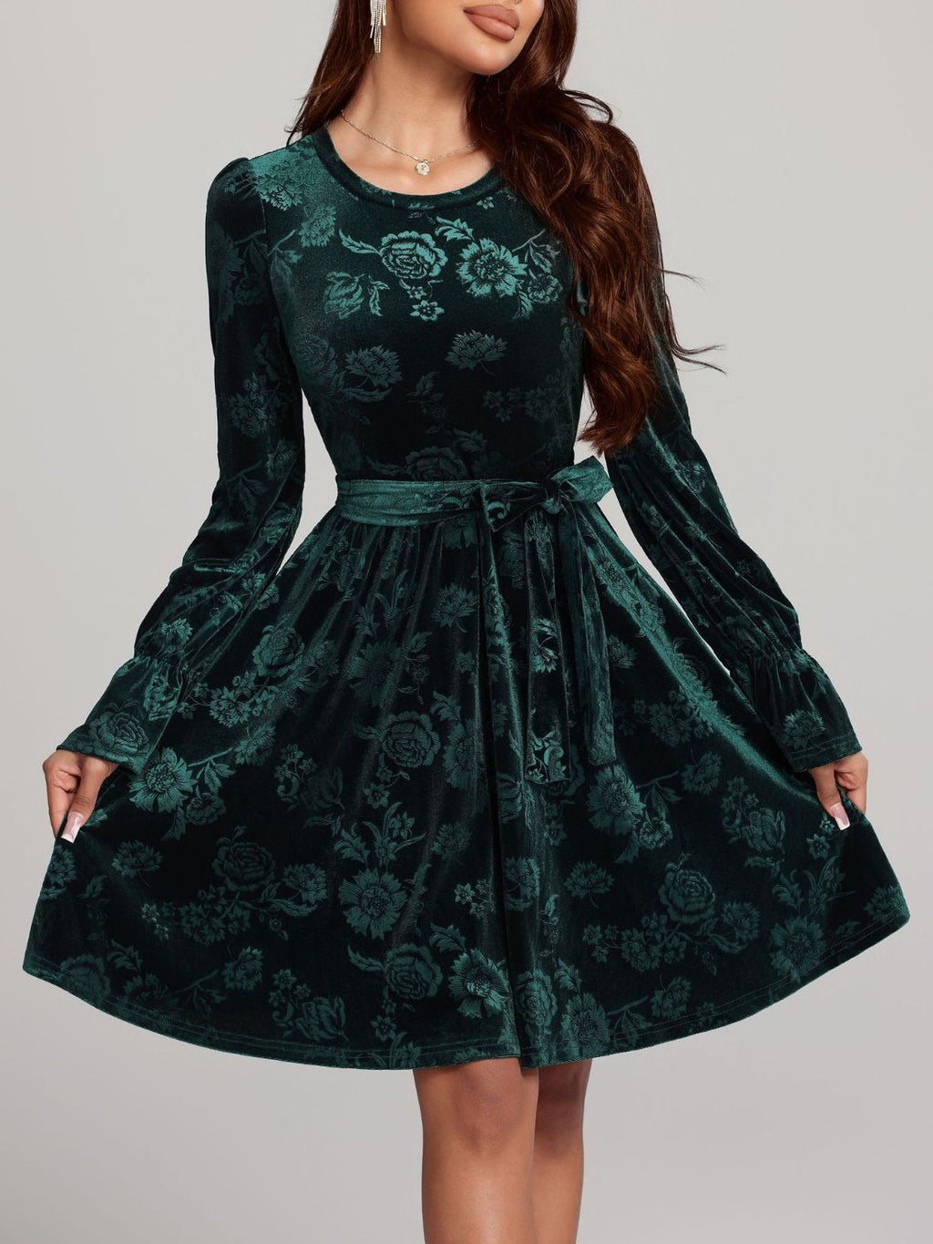 Angela Tied Flower Print Round Neck Flounce Sleeve Dress