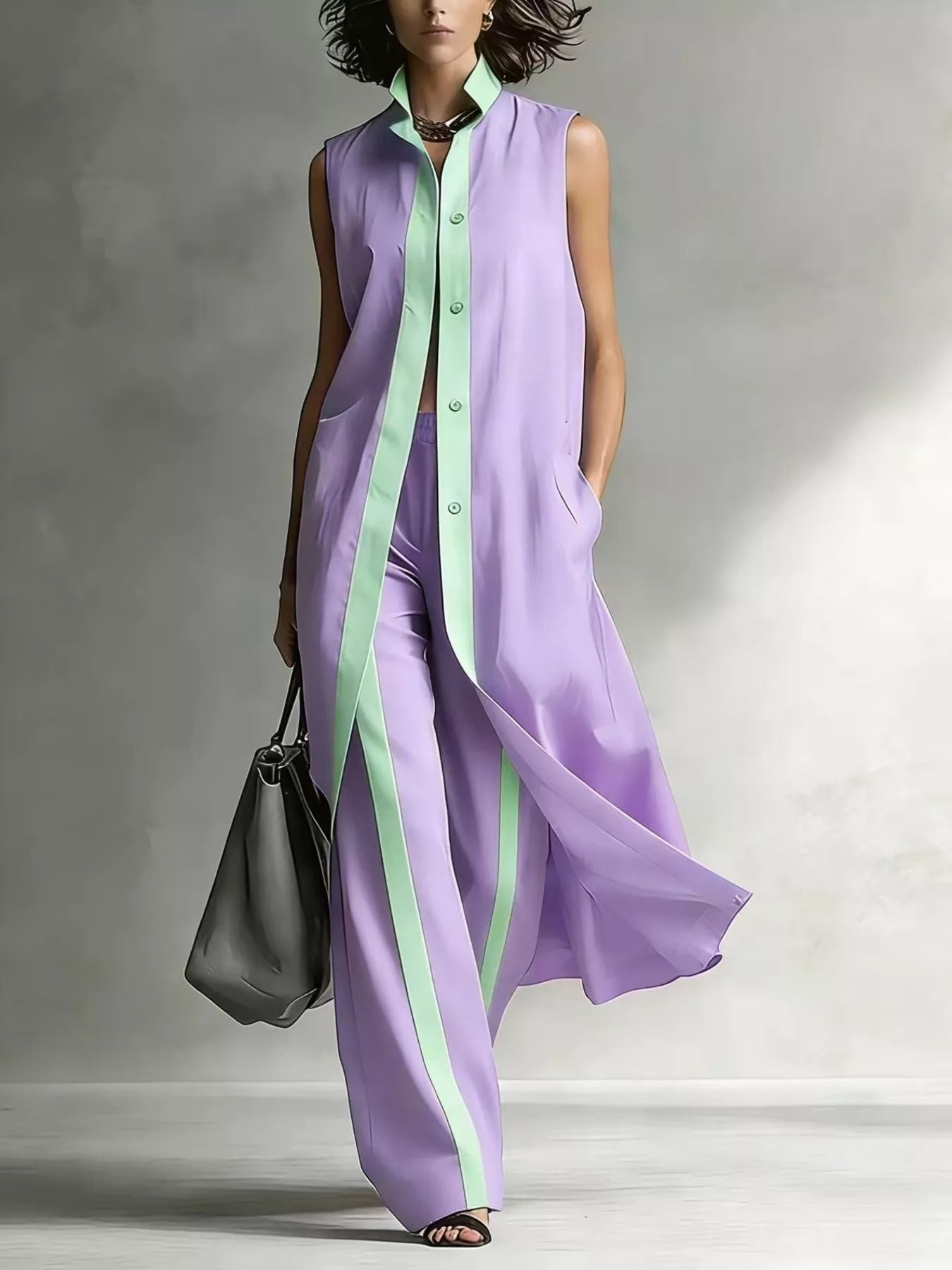 Colette Longline Vest and Wide-Leg Pants Set in Purple by Pinup Girl Clothing