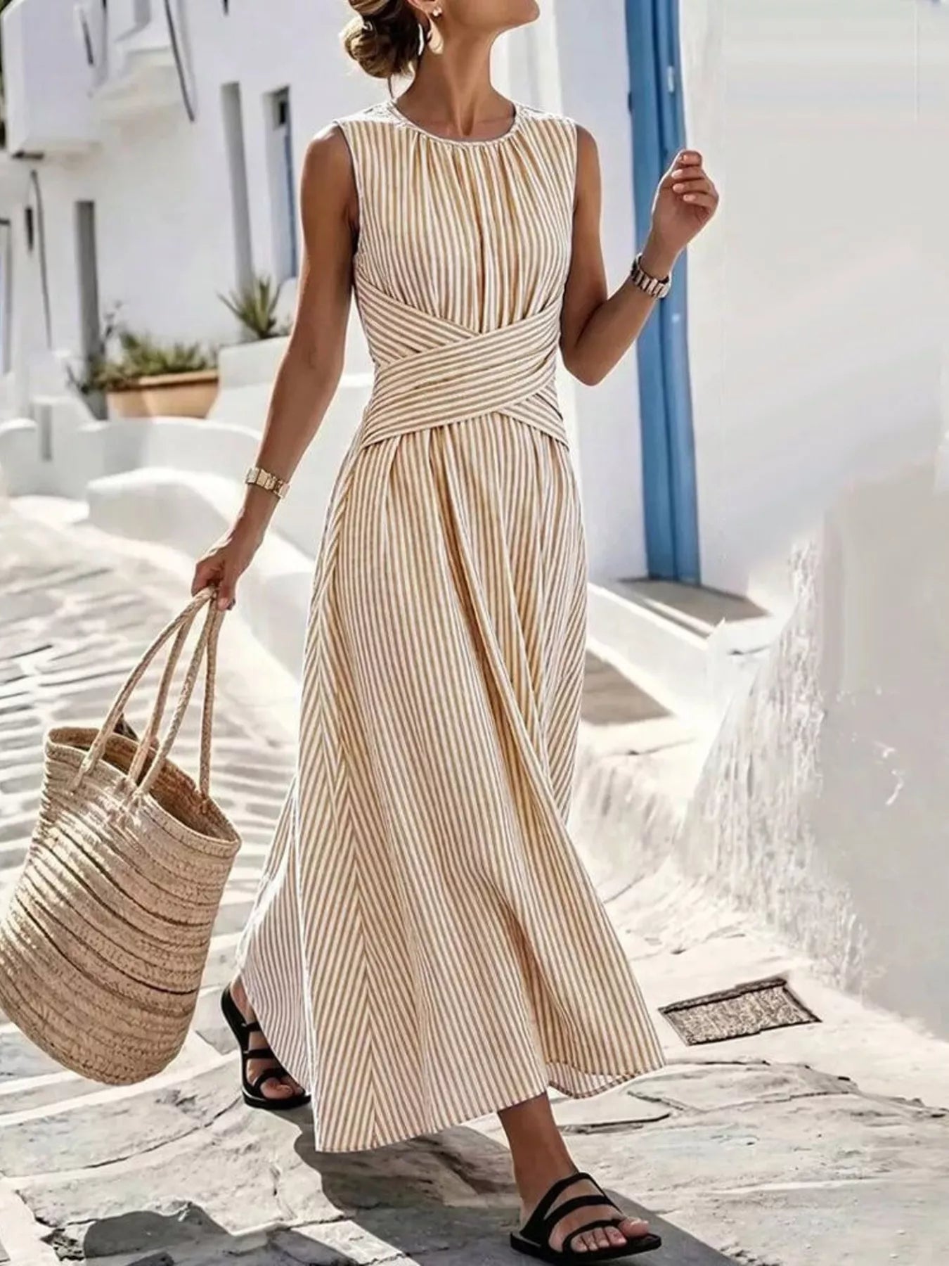 Loretta Striped Maxi Dress in Khaki by Pinup Girl Clothing