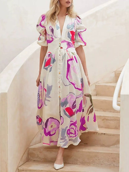 Genevieve painted print puff sleeve maxi dress in rose red by Pinup Girl Clothing