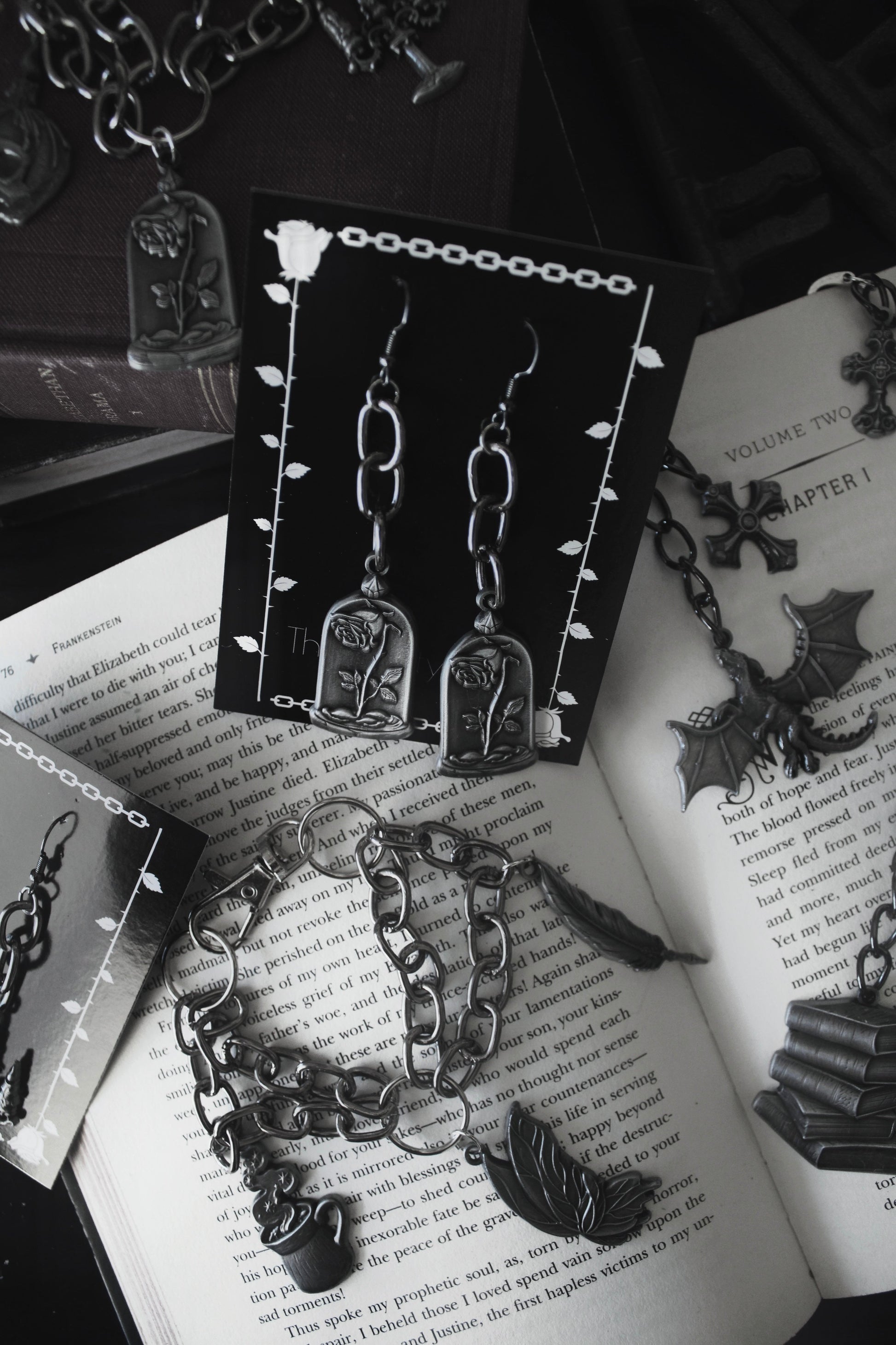 Pair of Dusted Rose blackened silver earrings shown together, The Pretty Cult