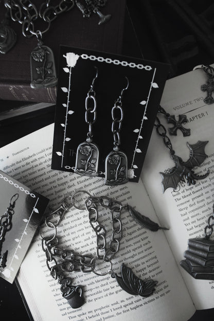 Pair of Dusted Rose blackened silver earrings shown together, The Pretty Cult