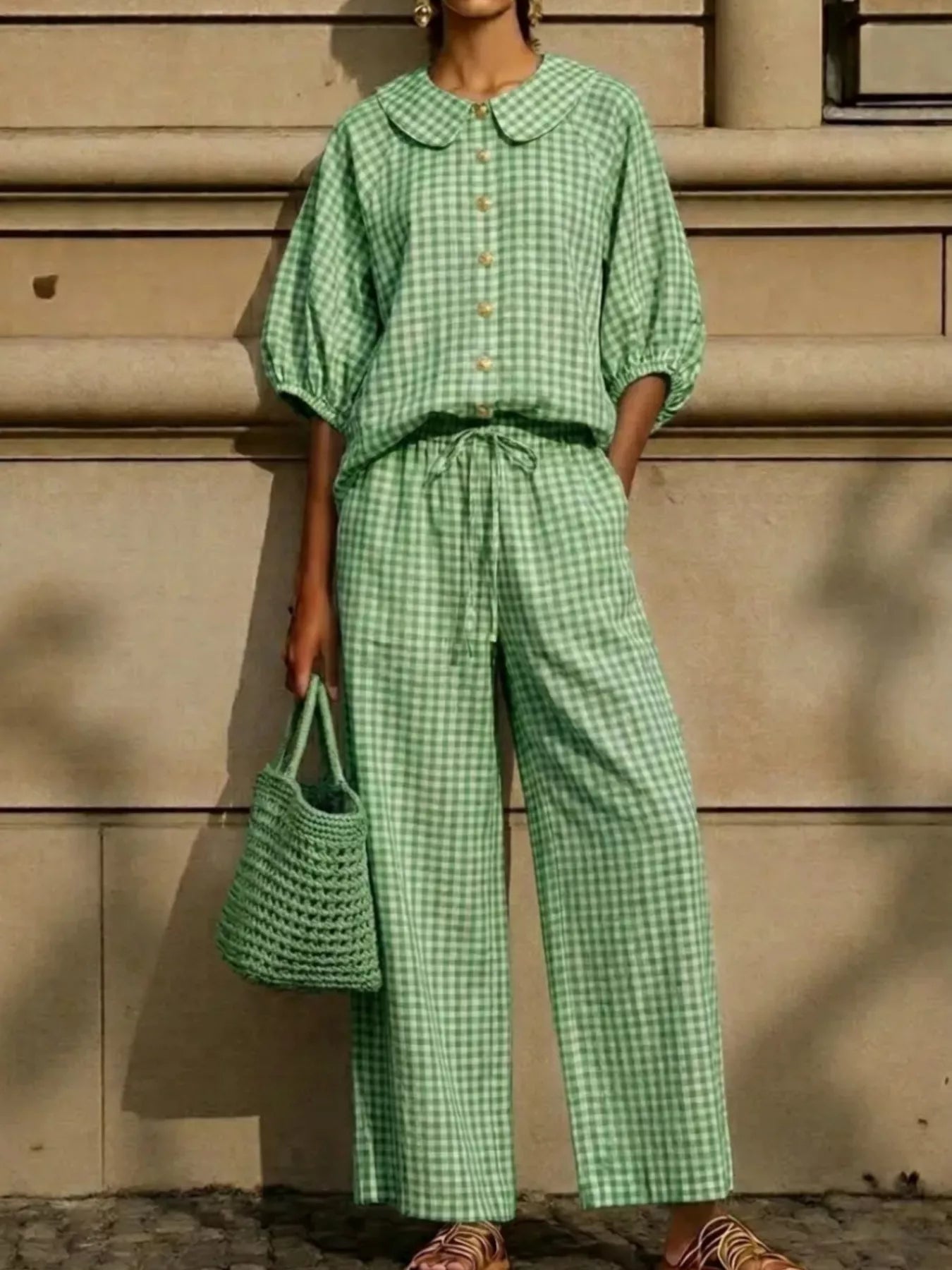 Bettina gingham blouse and wide-leg pants set in green gingham, by Pinup Girl Clothing