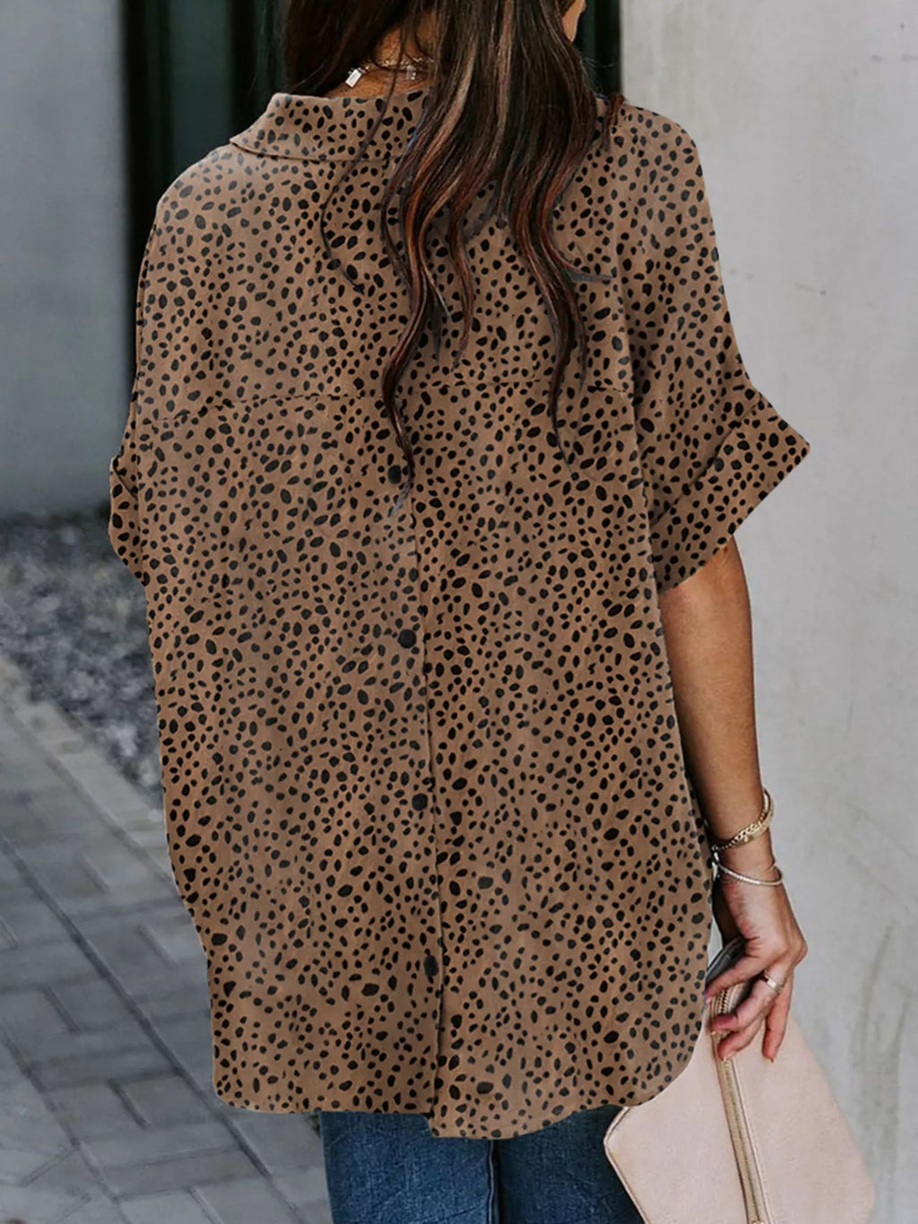 Weekender collared half sleeve shirt in khaki spot, back view