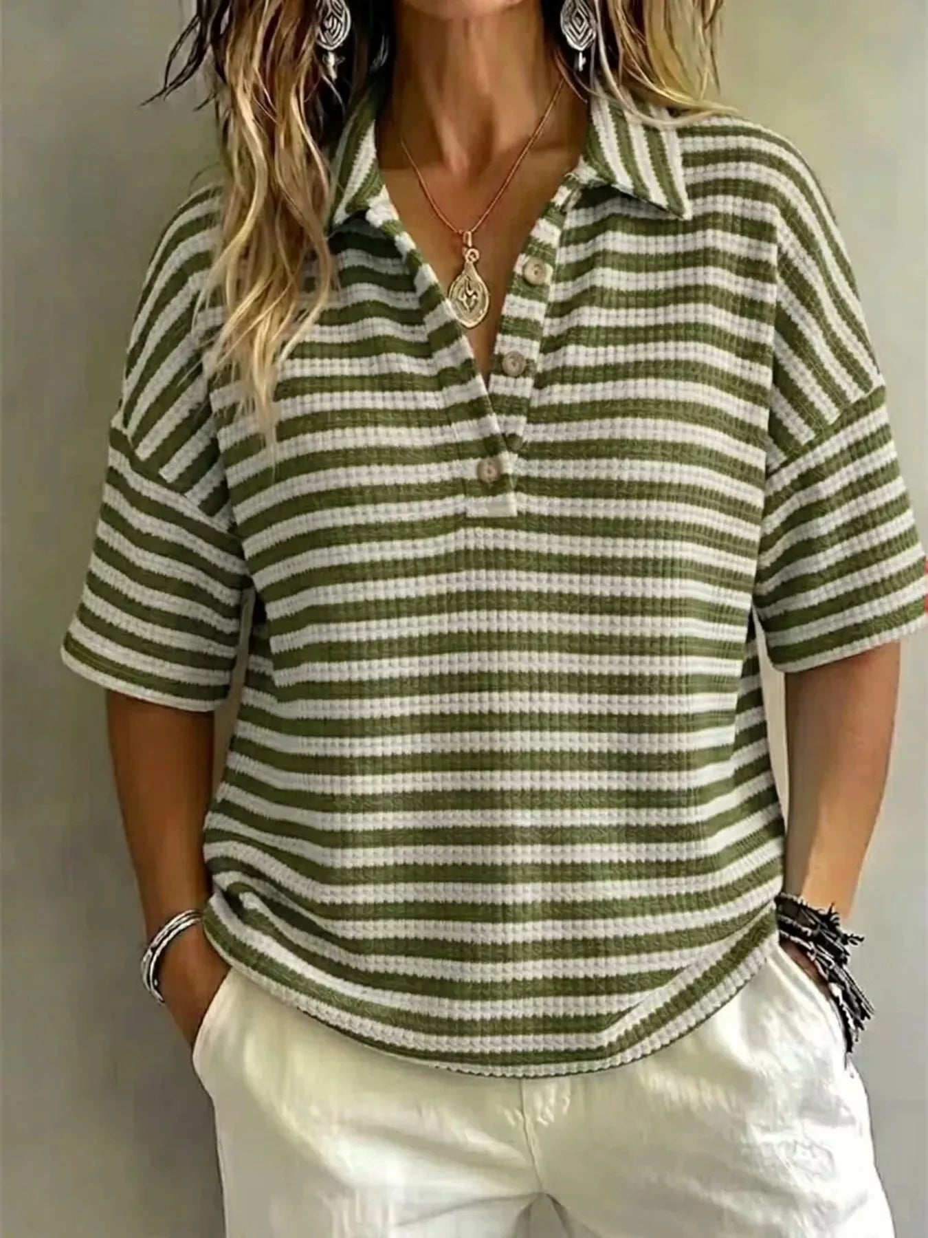 Marion Striped Knit Polo in Army Green by Pinup Girl Clothing