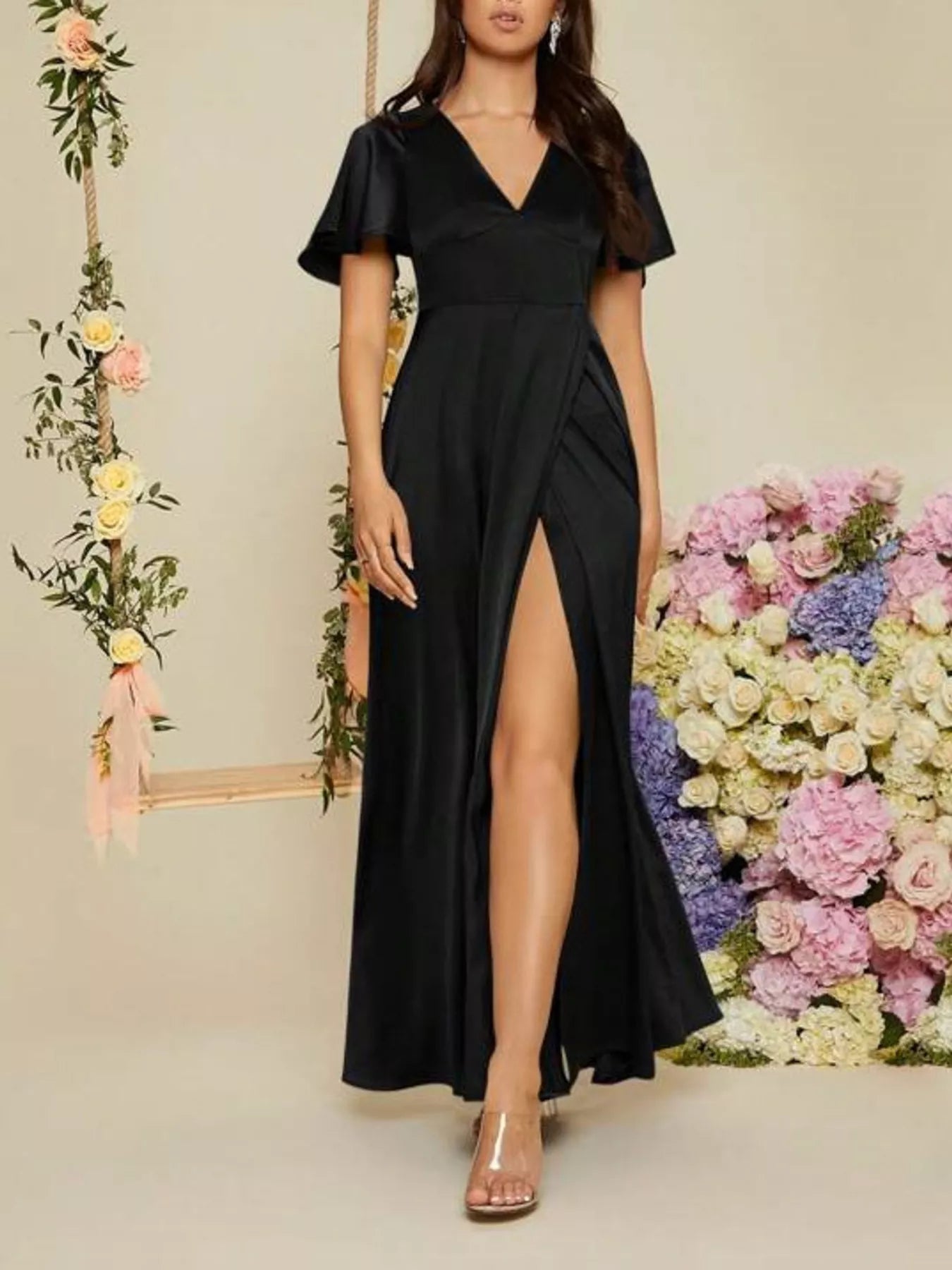 Serena Flutter Sleeve Satin Maxi Dress | 5 Colors