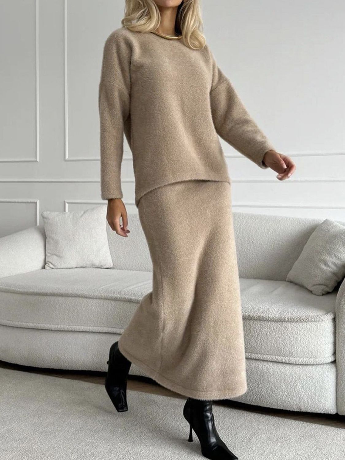 Mia Round Neck Dropped Shoulder Top and Midi Skirt Knit Set | 5 Colors