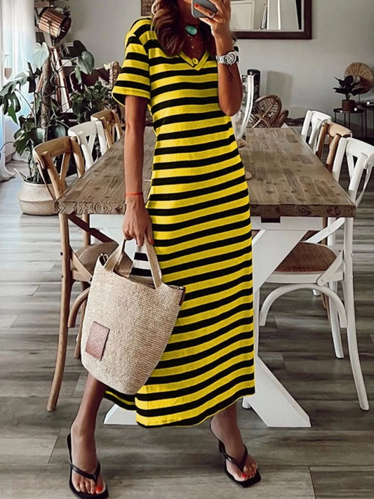 Vivian Striped V-Neck Midi Dress in Yellow by Pinup Girl Clothing