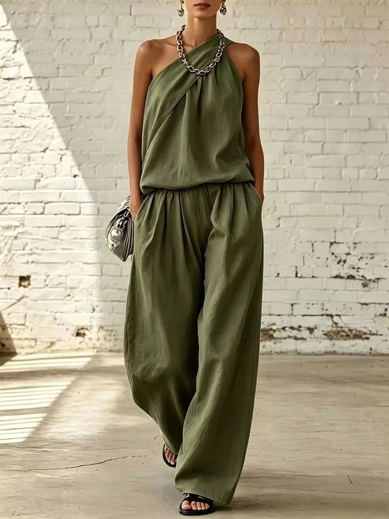 Vivienne Sleeveless Top and Wide-Leg Pants Set in Army Green by Pinup Girl Clothing