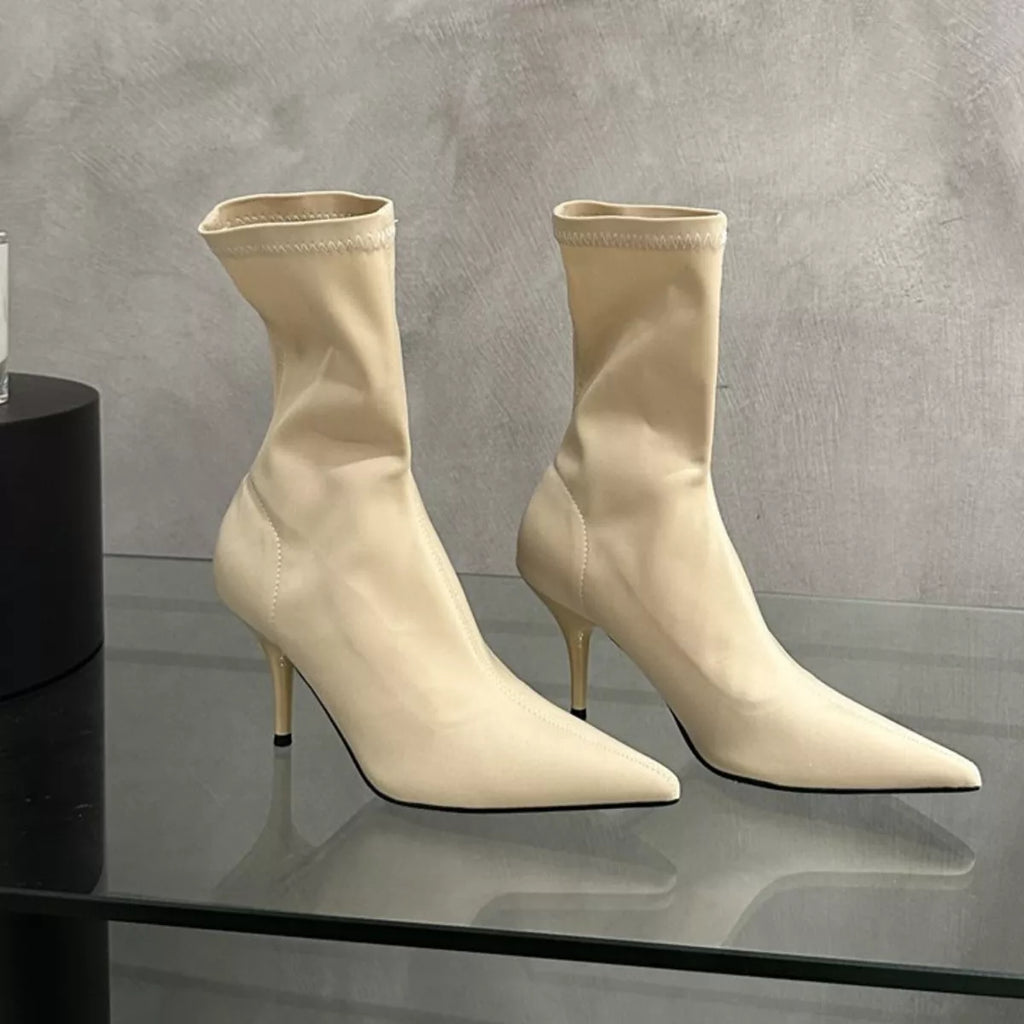 Siren pointed toe stretch sock boots in beige, side view